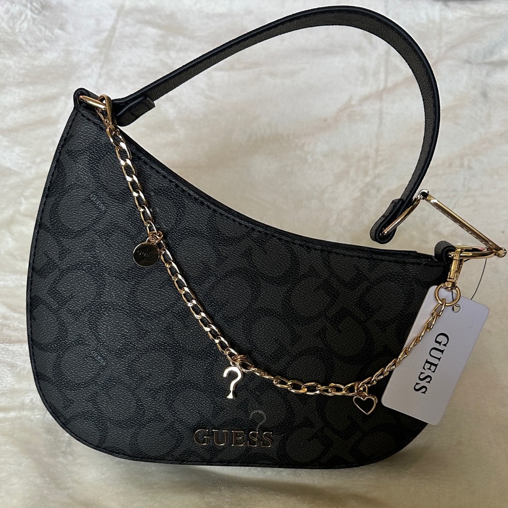 Guess Asymmetrical Black Shoulder Bag with Gold Accents